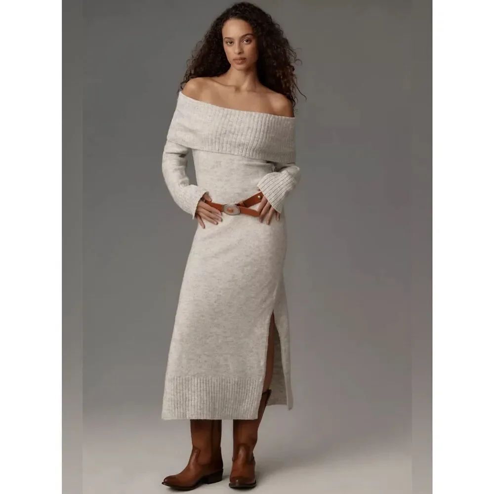 Anthropologie Off Shoulder Foldover Midi Sweater Dress NWT